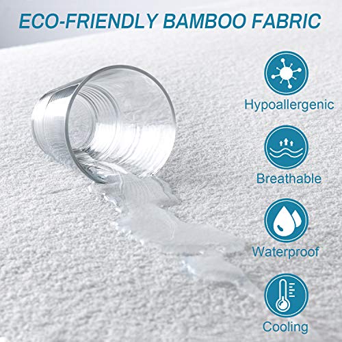 Zerohub Premium Cooling Bamboo Mattress Protector, Waterproof Breathable Hypoallergenic Mattress Cover, Machine Washable Mattress Pad Cover, Queen