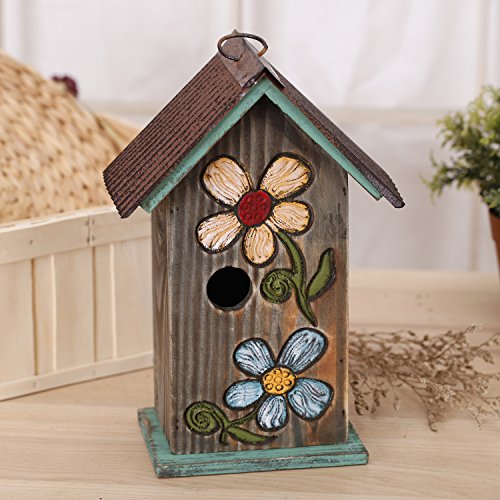 CEDAR HOME Hanging Bird House Outdoor Garden Patio Decorative Resin Pet Cottage Carved Bouquet Wooden Birdhouse, Brown