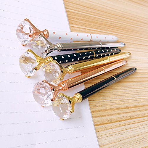 Youyuan 6 Pcs Diamond Ballpoint Pen Rose Gold Pens with Big Rhinestones Crystal Metal Ball-Point Bling Pen for Stylish Fancy Office Supplies, 12 Black Refillable Ink, 6 Different Colors