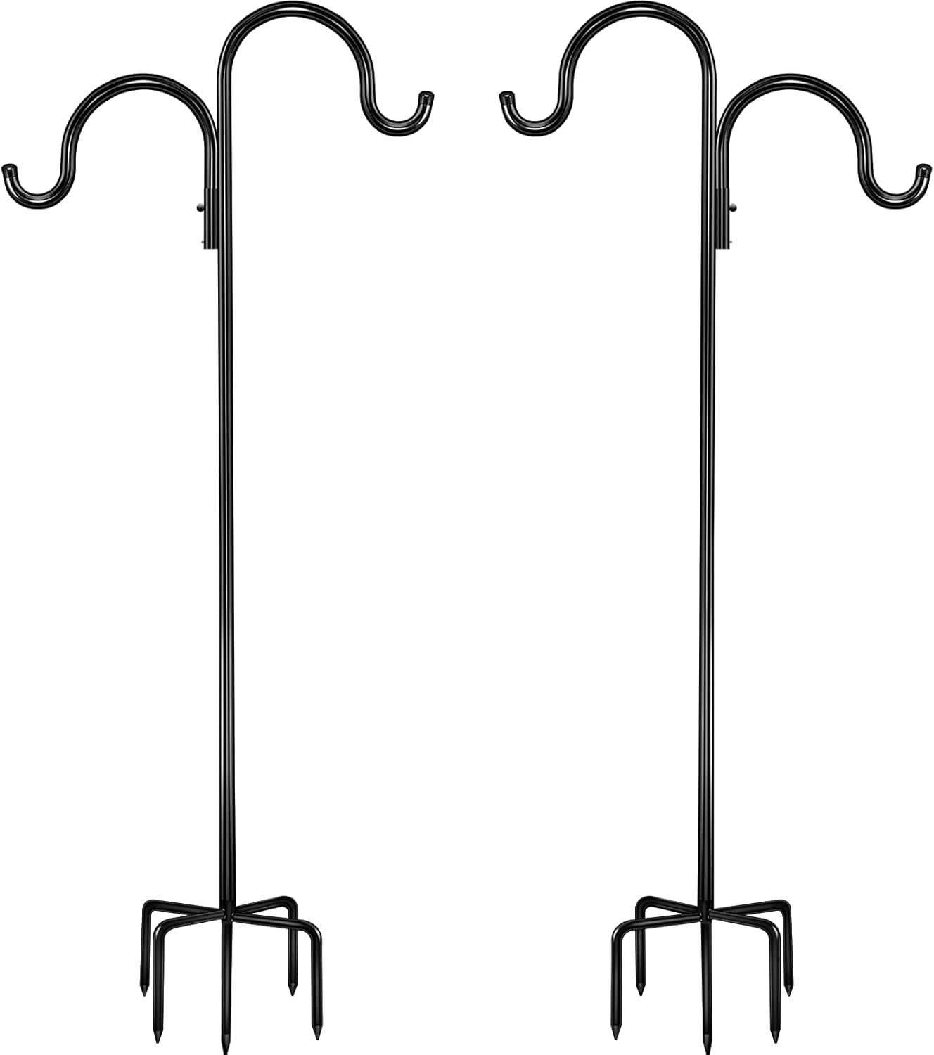 Outdoor Shepherd's Hooks - Outdoor Double Shepherds Hook/Bird Feeder Pole Outside 60 Inch with 5 Prongs Base, Pinziren Tall Heavy Duty Garden Hanger Stand (2 Pack), Adjustable Hanging Plant Holder for Wind Chime,Lantern,Decor