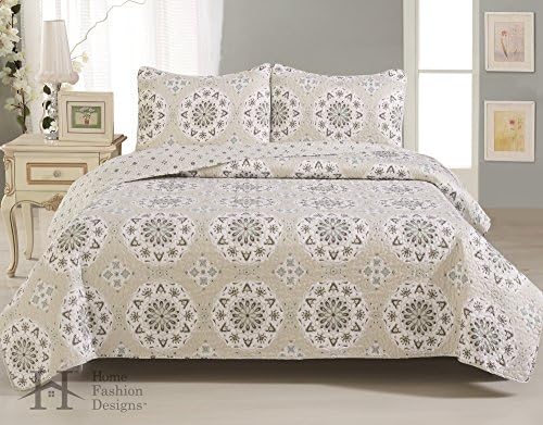 Home Fashion Designs 90292 Abigail Collection 3 Piece King Quilt Set, Beige, 90" x 108"