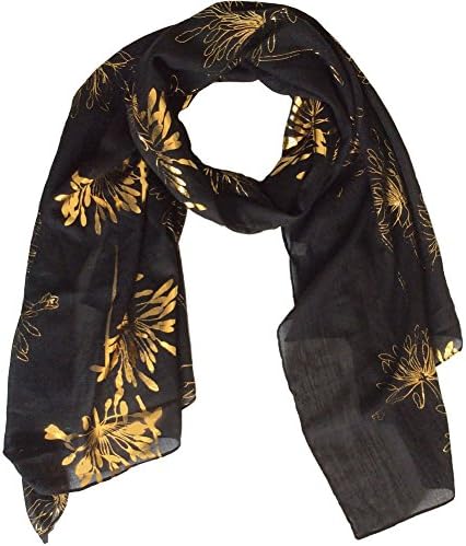 Lily Park Women's Fashion Soft Light Weight Floral Print Sheer Scarf Shawl Wrap (Black/Gold)