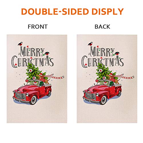 Merry Christmas Garden Flag Red Truck Vintage Tree - Home Xmas Quote House Yard Flag Pickup - Double Sided Burlap Rustic Winter Garden Yard Decorations, Vintage Seasonal Outdoor Flag 12 x 18 Holiday - Thumbnail 2
