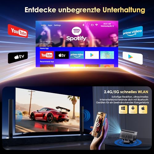 Mini Projector 4K Smart Projector Official App with Full HD 1080P, 1000 Lumens, Auto Focus and Keystone Correction, 360° Rotation, WiFi and Bluetooth, for Mobile Phone HDMI, TV Stick, Portable/Home
