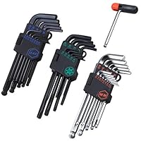 GS Tools 35-Piece Long Arm Ball End SAE/Metric Hex Key Allen Wrench Set with Black Finish, Star/Torx Hex Key Set with Chrome Finish, Strength Helping T-Handle, CR-V Steel