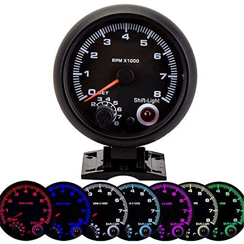 Ladieshow 3.75in 12VLEDバックライトタコメーターゲージ0-8000RPMポインタータコゲージメーター、12Vガソリン車用の調整可能なシフトライト付き