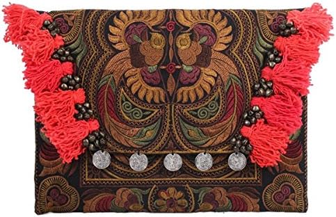 Ethnic Lanna, Handmade Hmong Bird Pattern Mocha Clutch Bag with Coins, Bells and Pom Pom Fringe Hair