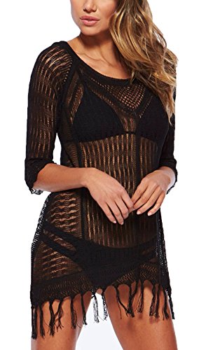 Wander Agio Beach Tops Sexy Perspective Cover Dresses Bikini Cover-ups Net Tassels Black