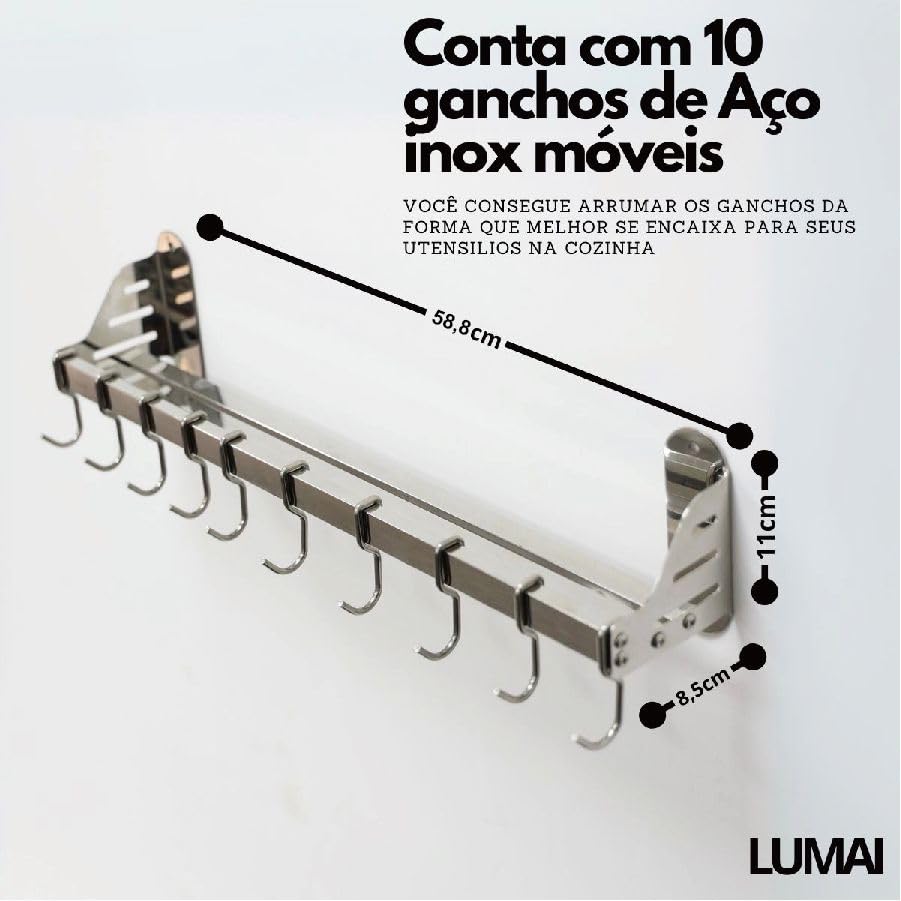 Lumai Suporte De Parede Cozinha com 10 Ganchos Móveis e Prateleira de Aço Inox 304 Para Pendurar Organizar Utensilios De Cozinha, Temperos, Facas e Panelas