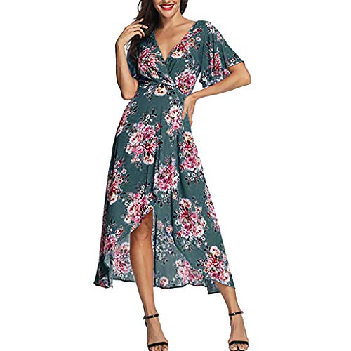 Yamally Women Boho Maxi Dress Short Sleeve V Neck Floral Flowy Front Slit High Low Beach Wedding Dress Party Dresses