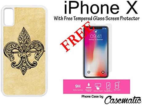 iPhone X Case Vintage Teal Fleur de Lis, Plastic White Protective Phone Case For Apple iPhone X With Free .33 mm Premium Tempered Glass Screen Protector by Casematic
