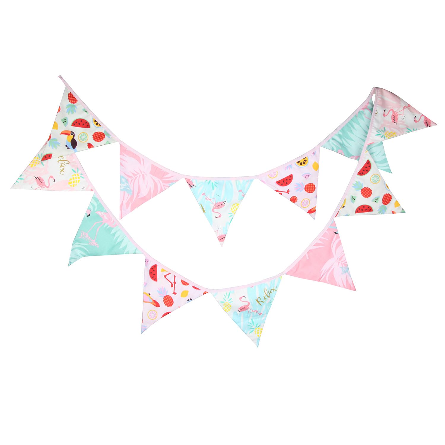 G2PLUS Flamingo Fabric Bunting Banner, 10.8 Feet Double Sided Floral Cotton Garlands, 12PCS Fabric Triangle Pennants for Summer Hourse and Afternoon Tea Garden Party