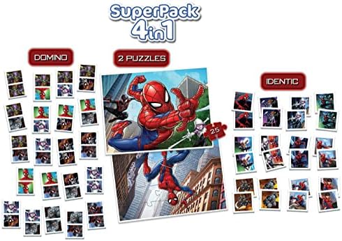 - Superpack Spiderman Marvel 4 en 1 | Puzzles, Dominó, Memory Infantil | 2 Puzzles 25 y 50 Piezas, Dominó 21 fichas, Identic 24 Cartas | Juego Educativo niños 3 años (19353)