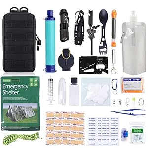 Grullin Kits De Survie D’urgence Gear, 60-en-1 Outdoor Ifak Trauma Pouch Trousses D’outils De Premiers Soins Avec Filtre à Eau, Tente D’urgence Pour Camping Randonnée Pêche, Cadeaux Pour Hommes