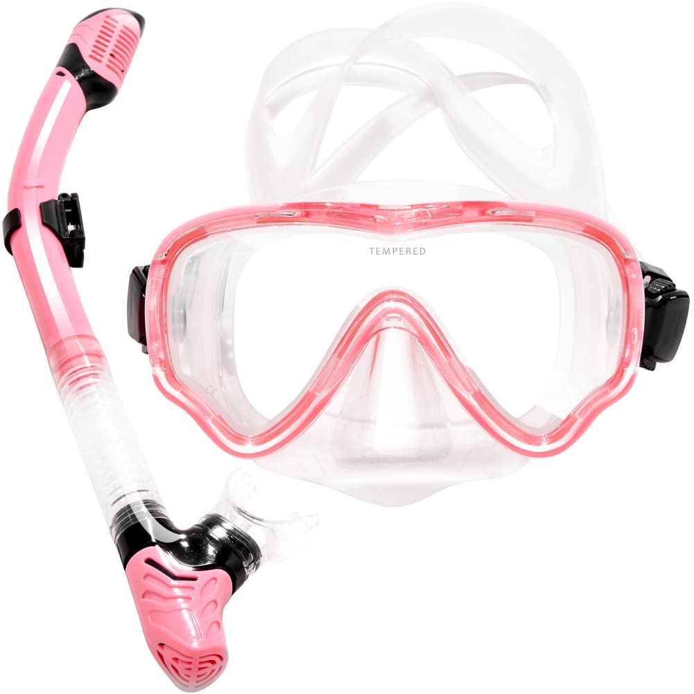 HINATAA Snorkel Set Adults/Kids, Panoramic 180° Wide View Scuba Mask, Anti-Fog Anti-Leak Tempered Glass Safety Scuba Diving Mask, Free Breathing Easy Dry Top Snorkel, Adjustable Strap (Pink/Adult)
