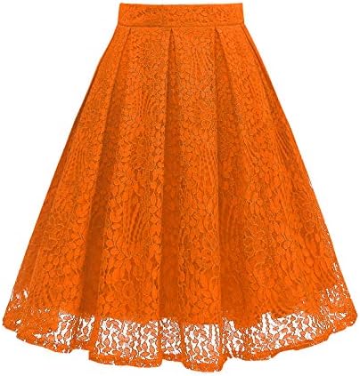 Women High Waist Pleated A-Line Knee Length Lace Pockets Skirt