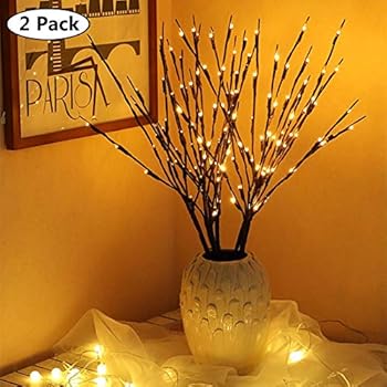 DK177 Led Branch Light Battery Operated Lighted Branch Vase Filler Willow Tree Artificial Little Twig Power Brown 30 Inch 20 LED for Home Romantic Decoration, Pack of 2, Warm White