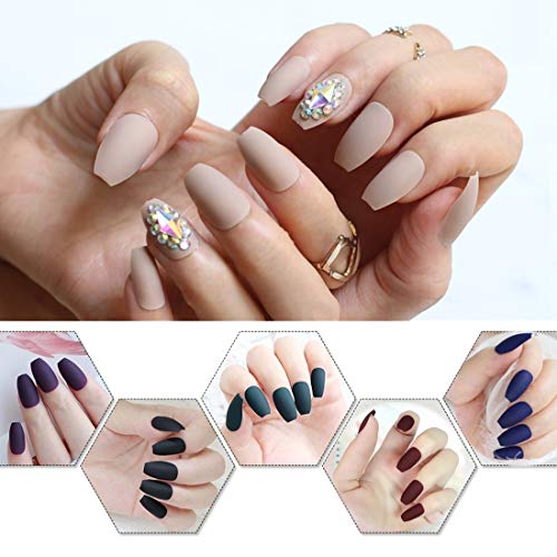 editTime 12 sets/288pcs Solid Colors Matte Acrylic Ballerina Coffin False Nails Full Cover Fake Nails Tips Natural Medium False Naill with a Crystal Nail Rubbing Strip