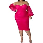 EDITCOZY Women Plus Size Dresses Curvy Off Shoulder Long Sleeve Cocktail Wedding Guest Bodycon Club Midi Dress