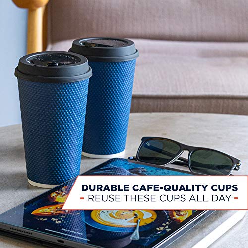 Glowcoast Disposable Coffee Cups With Lids - 16 oz To Go Coffee Cup With Lid (70 Set). Large Togo Travel Paper Hot Cups Insulated For Hot and Cold Beverage Drinks, No Sleeves Needed (Midnight Blue) - Thumbnail 3