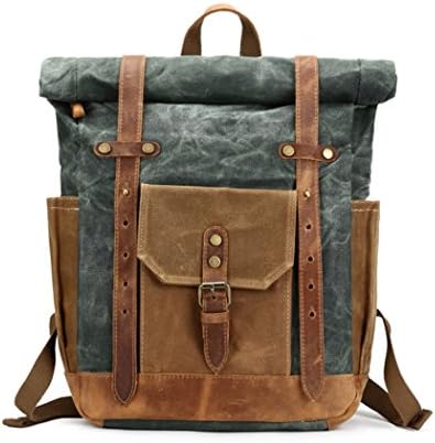 Vintage Canvas Leather Bag Commuter Backpack Waxed Canvas &amp; Leather Laptop Backpack Work-to-weekend Travel Backpack 11.8" x 5.1" x 19.7"(Agate Green)