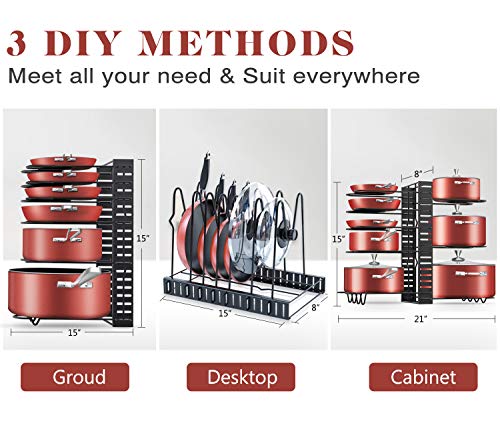Pot Rack Organizer, 3 DIY Methods, Adjustable Height and Position, 8+ Pots Holder, Black Metal Kitchen Cabinet Pantry Pot Lid Holder, include Magnetic Knife Strip