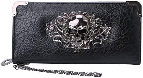Whatsin Purse Clutch Rock Punk Long Wallet Skull Bone Zipper Handbag Leather Phone Cards Holder Coin Organizer for Women Men (Black)