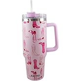 KATYDID 40oz Stainless Steel Tumbler with Handle and Straw - Dishwasher Safe Insulated Tumbler for All-Day Hot or Cold Coffee, Water, Tea, Smoothies and More (Light Pink Western Boots)