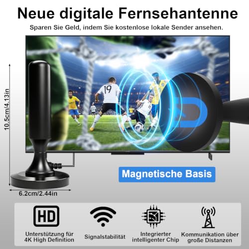 DVB-T2 Antenna with Powerful Amplifier, Digital Terrestrial TV Antenna Internal External Magnetic Base, 4K Full HD Without Parable, 5 m Cable Compatible DVB-T/DVB-T2