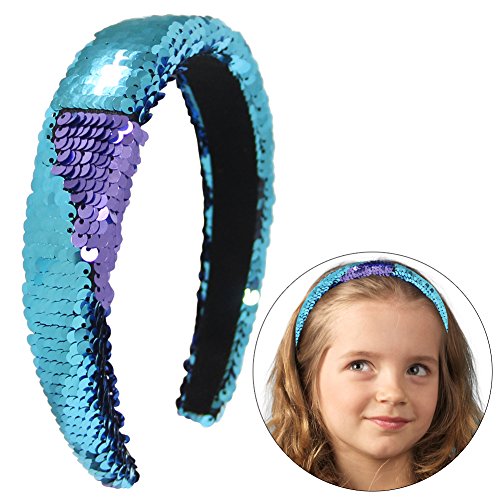 Basumee Mermaid Sequin Headband, Magic Reversible Sequins Padded Alice Hair Band for Girls and Women (Teal and Purple)