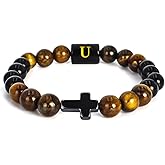 SOOWOOT Cross Bracelet for Men, Initial Bracelet for Men, initail A-Z design, Christian Gifts, Natural Tigers Eye Stone Beads, Easter Gifts