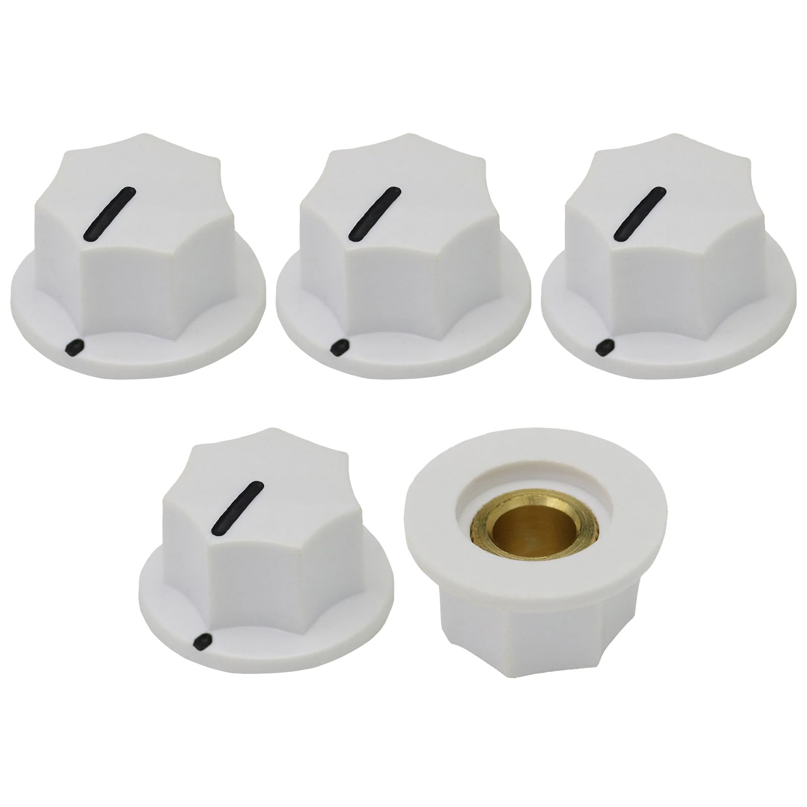 6.4mm Round Hole Large Skirted 7-Sided Guitar/Pedal Control Knob Pack of 5 (White) — image 1