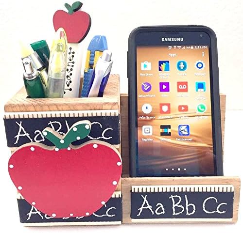 WOODEN CELL PHONE STAND/MEMO - PEN HOLDER, AA-R92 ABC - w/APPLE &amp; ABC DESIGN made in USA. TEACHER APPRECIATION GIFT. Accessories are not included unless specified.