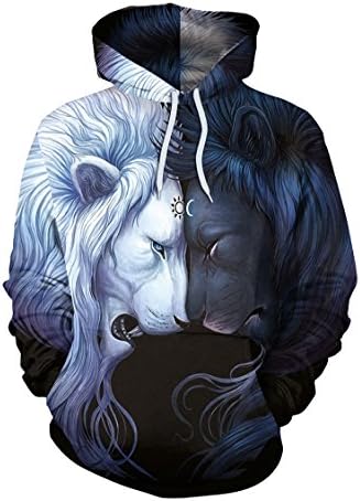 Lacostew Unisex 3d Duel Lion Printed Drawstring Pockets Hoodie Sweatshirts Plus Velvet XL