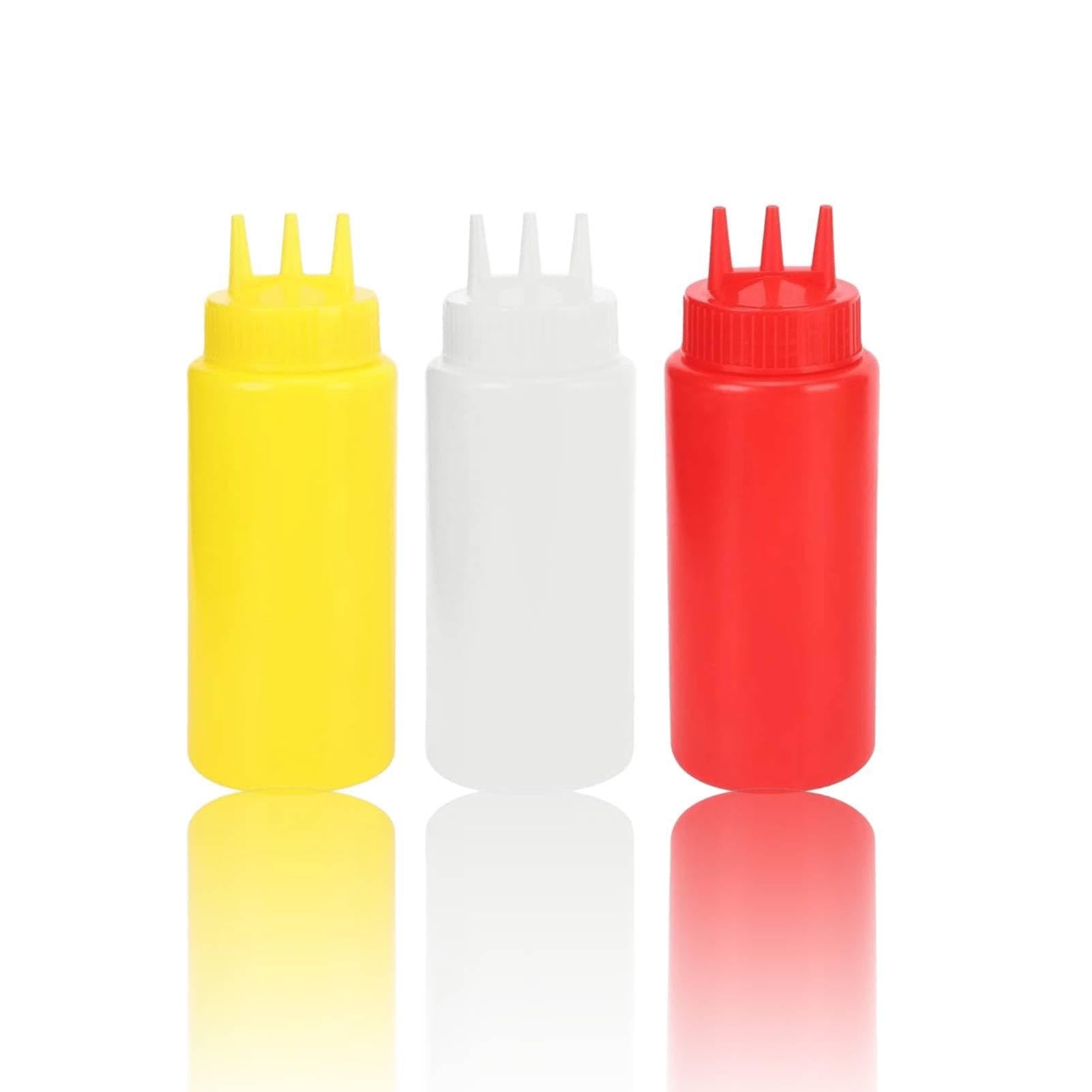 HERCHR 3Pcs Plastic Squeeze Condiment Bottles Dispenser, 3 Hole 16oz Squeezy Sauce Bottles Reusable Squeeze Containers for Condiments, Ketchup, Mustard, Hot Sauce, BBQ, Sauces, Syrup