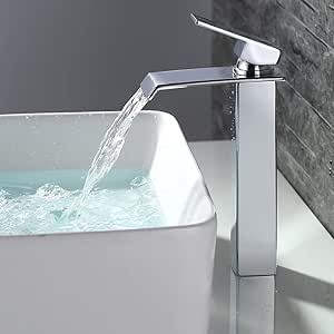 HOMELODY Grifo de Lavabo Alto Grifo Cascada para Baño Grifo de Cuenca Cromado Grifo Cuadrado Monomando Mezclador para Agua Fria y Caliente