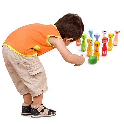 Joqutoys Wooden Bowling Play Set Indoor Activity with 10 Animal Pins 2 Balls Educational, Early Developmental Toy for Kids 2 3 4 5 Years and Up