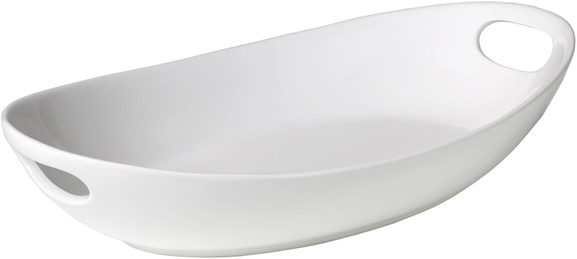Cucina Italiana Ceramic Salad Bowl, Serving Platter Oval with Handles 14 x 7 Inches White