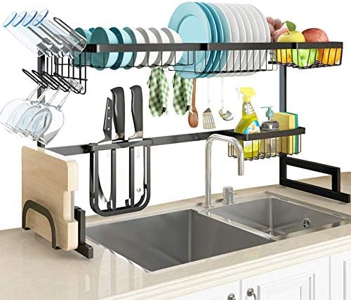 Slenpet Over The Sink Dish Drying Rack Adjustable 33 41 Large Dish Drainer Kitchen Supplies Shelf With Utensil Holder And 5 Hooks Sturdy Stainless Steel Space Save Rack For Counter Storage Buy