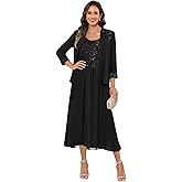 TXDBB Sequin Mother of The Bride Dresses for Women with Jacket Chiffon 2 Pieces Tea Length Formal Wedding Guest Dress