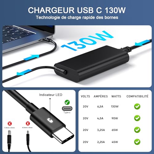 Dragblac USB-C Charger 130W for Dell XPS 15 9520 9530 9560 XPS 17 9700 Precision 3561 3570 3571 3581 3480 5550 inspiron 16 7630 Latitude 3550 5520 7410 9410 94 10 Computer Adapter Portable