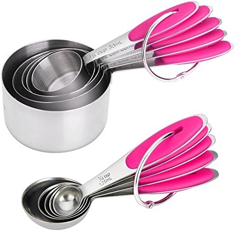 JuBaoM Premium Stainless Steel Measuring Cups and Spoons Stackable Set, 10 Pieces. Professional Metal Cookware Tools to Measure Liquid and Dry Ingredients in your Kitchen (Pink)