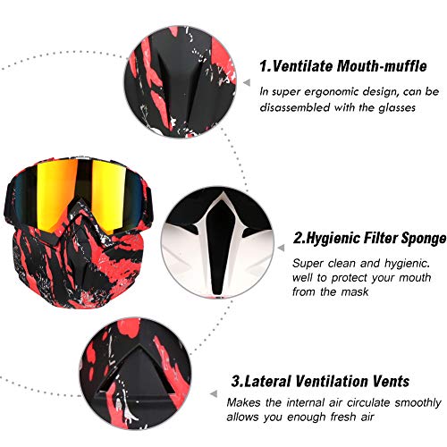 PiscatorZone Motorcycle Goggles Mask, Tactical Glasses with Detachable Mask Adjustable Windproof Outdoor Paintball Airsoft Mask Face Shield for Kids Men Women