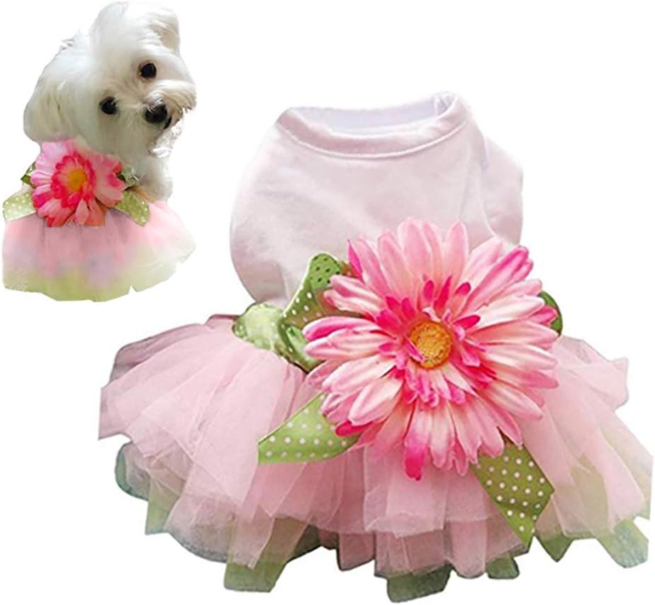Petea Daisy Flower Gauze Tutu Dog Dress Vest Apparel Skirt Clothes Pet Puppy Bowknot Princess Clothes for Dogs and Cats (L)