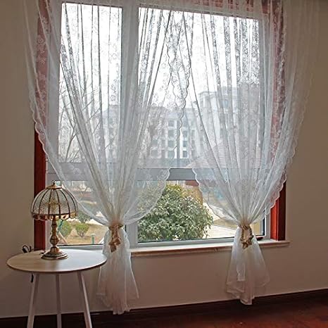 Midor007 Cafe Curtain Rod Rose White Pink Tulle Wavy Edge Sheer