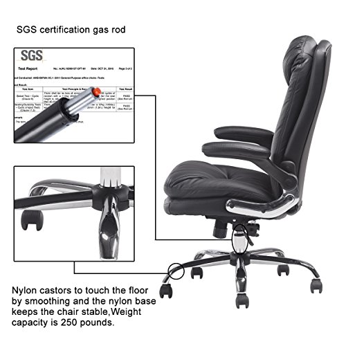 YAMASORO Ergonomic High-Back Black Executive PU Leather Office Chair with Flip-Up Arms, Swivel, Big and Tall BLACK