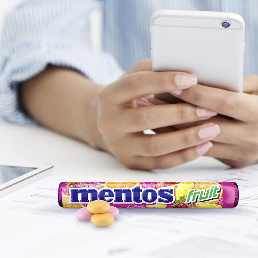 Mentos Fruit Dragees, Frucht-Bonbons Orange, Zitrone und Erdbeere, Kaubonbons mit fruchtigem Geschmack, Süßigkeiten (3 Rollen), vegan 3