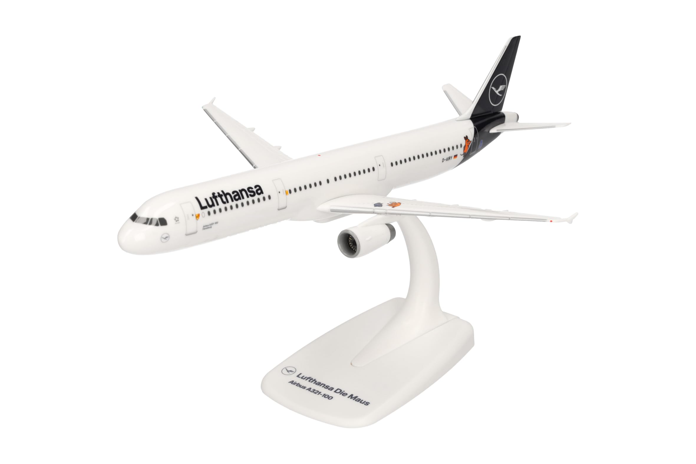 Herpa Snap-Fit airplane model Airbus A321 Lufthansa The Mouse on scale of 1:200, plastic miniature with pedastal, model building, collectors edition