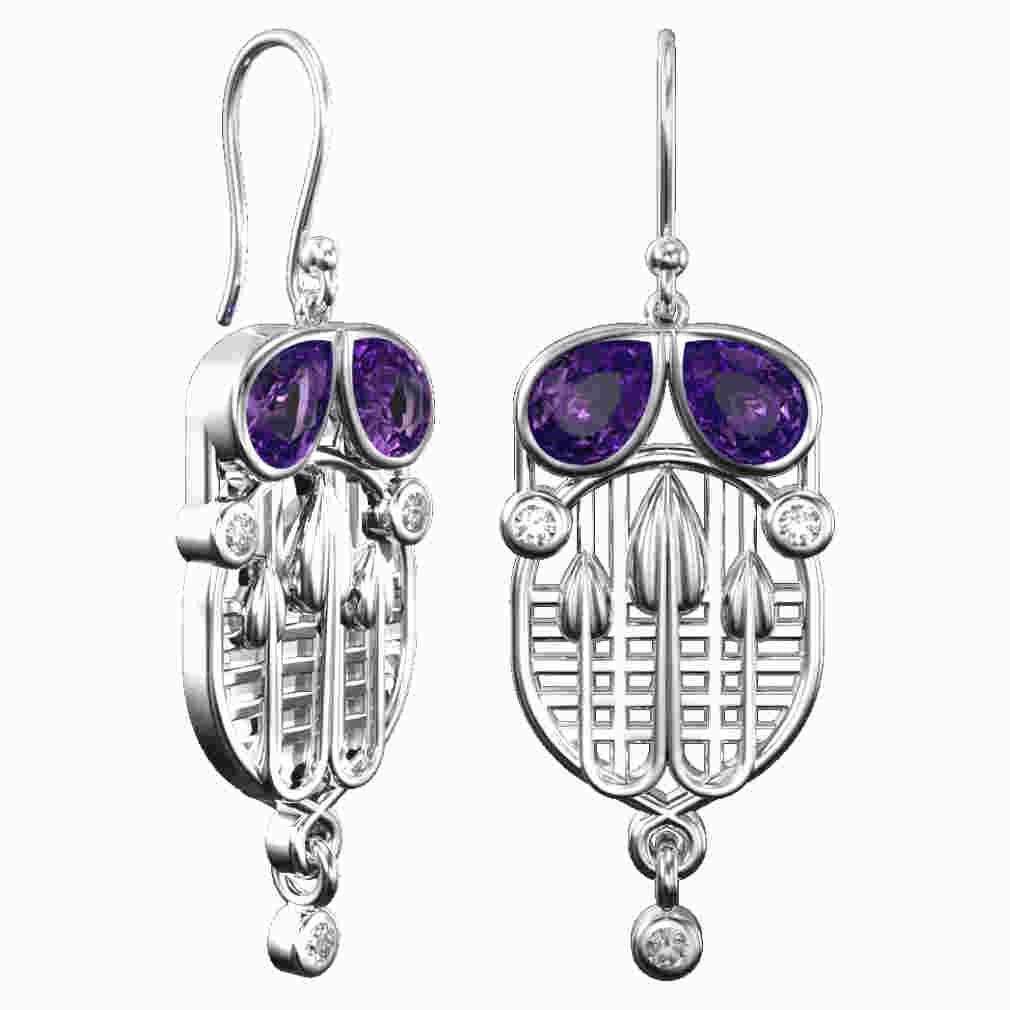 CAIRN 925 Sterling silver Charles Rennie Mackintosh earrings for women. Jewellery gift box included. Tassel. 227AC