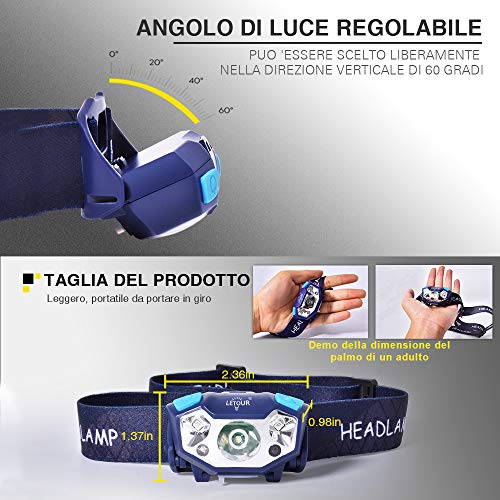 LED Head Torch, LETOUR Rechargeable Head Torch Lightweight Gesture Sensing 5 Modes, IP65 Waterproof 350LM USB Head Torch for Camping, Hiking, Jogging, Fishing, DIY